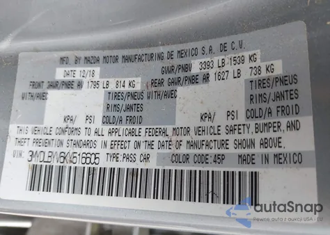 2019 Toyota Yaris Le z USA, uszkodzony, nr VIN 3MYDLBYV6KY516605